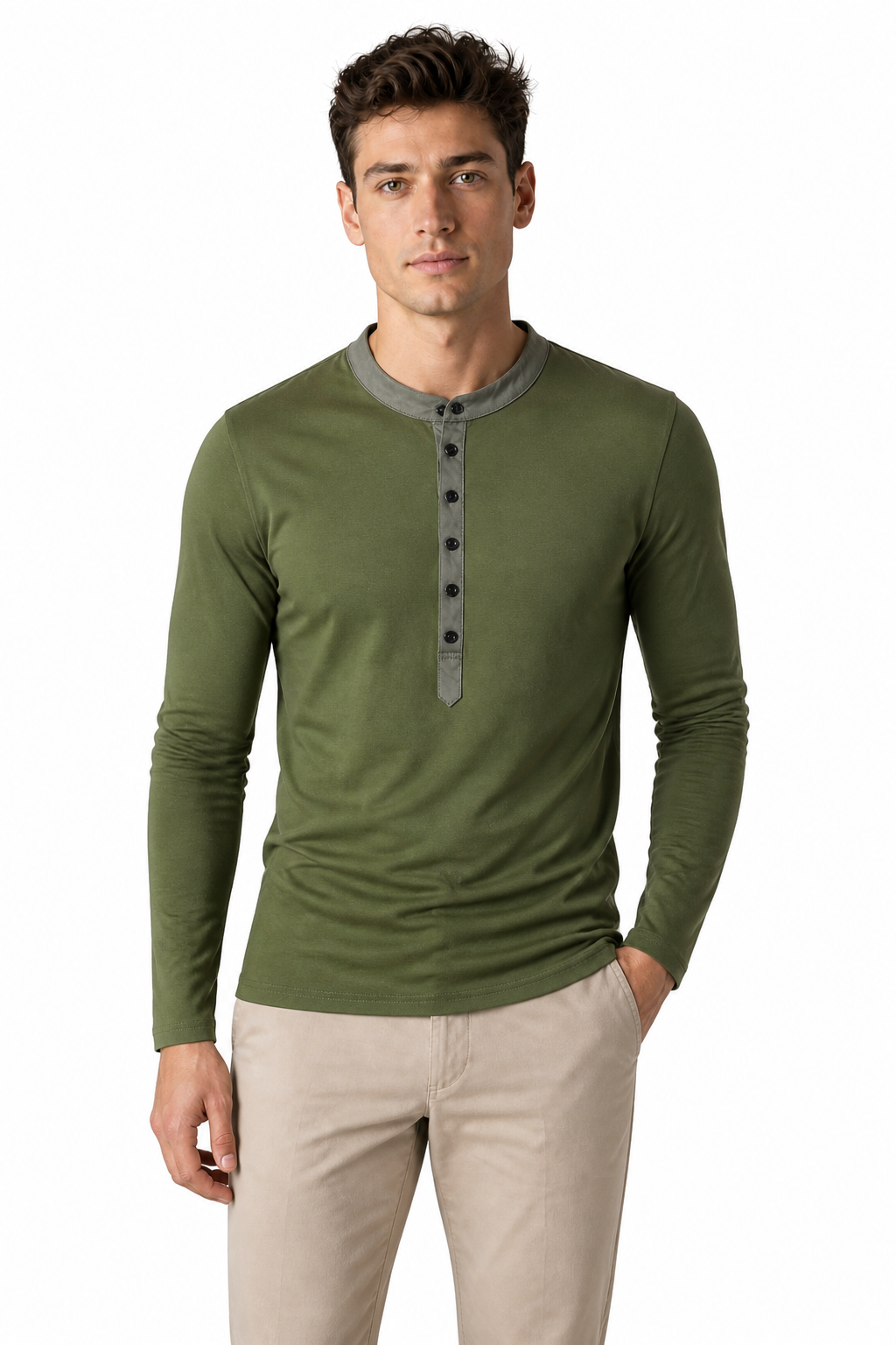 Men's Henley Shirt Layered Look Long Sleeves, Green, front view