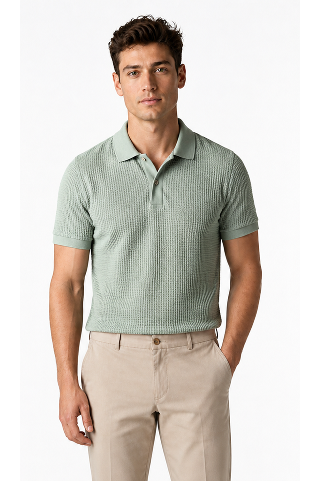 Ethan Textured Waffle Polo Shirt - Green - front