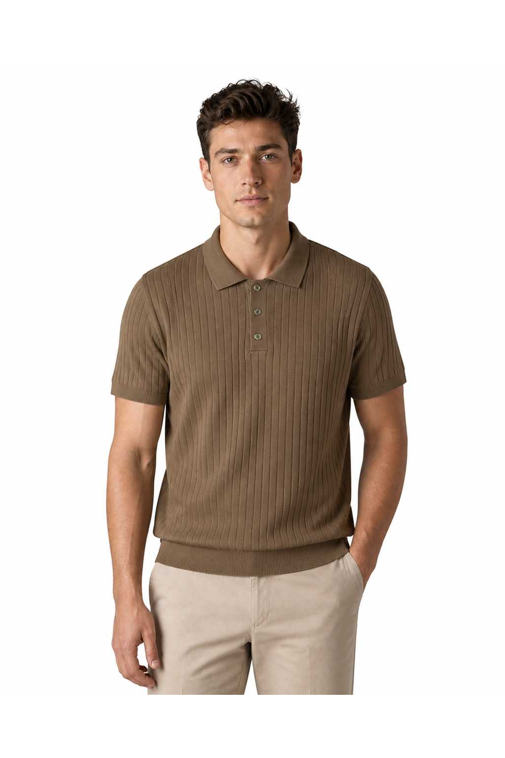 Evan | Textured Knit Polo Shirt - K03 Coffee - front - group 6
