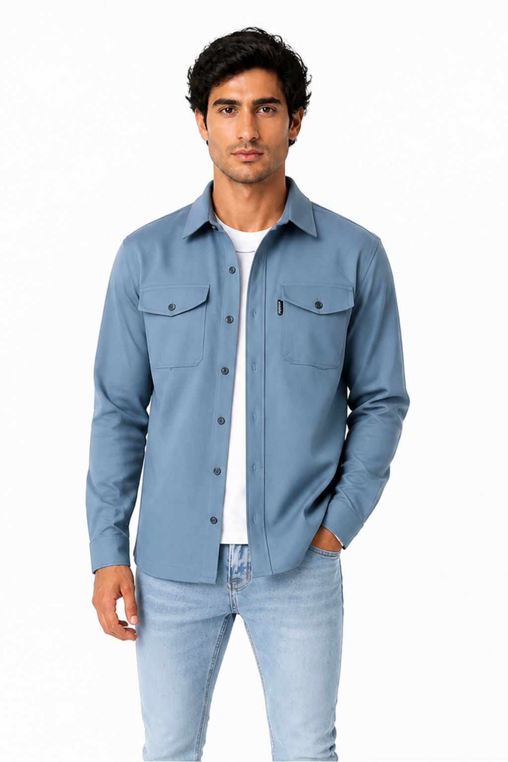 Men's Overshirt Brushed Fabric Double Pockets, Lake Blue, front view