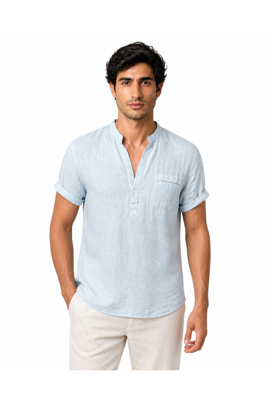 Theo | Casual Linen V-Neck Shirt - Light Blue - front - group 6