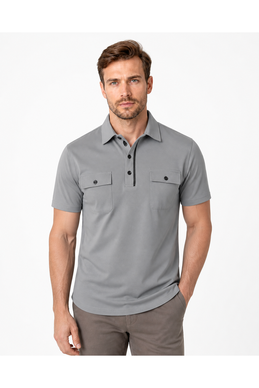 Wesley | Utility Pocket Polo Shirt - Light Gray - front - group 6
