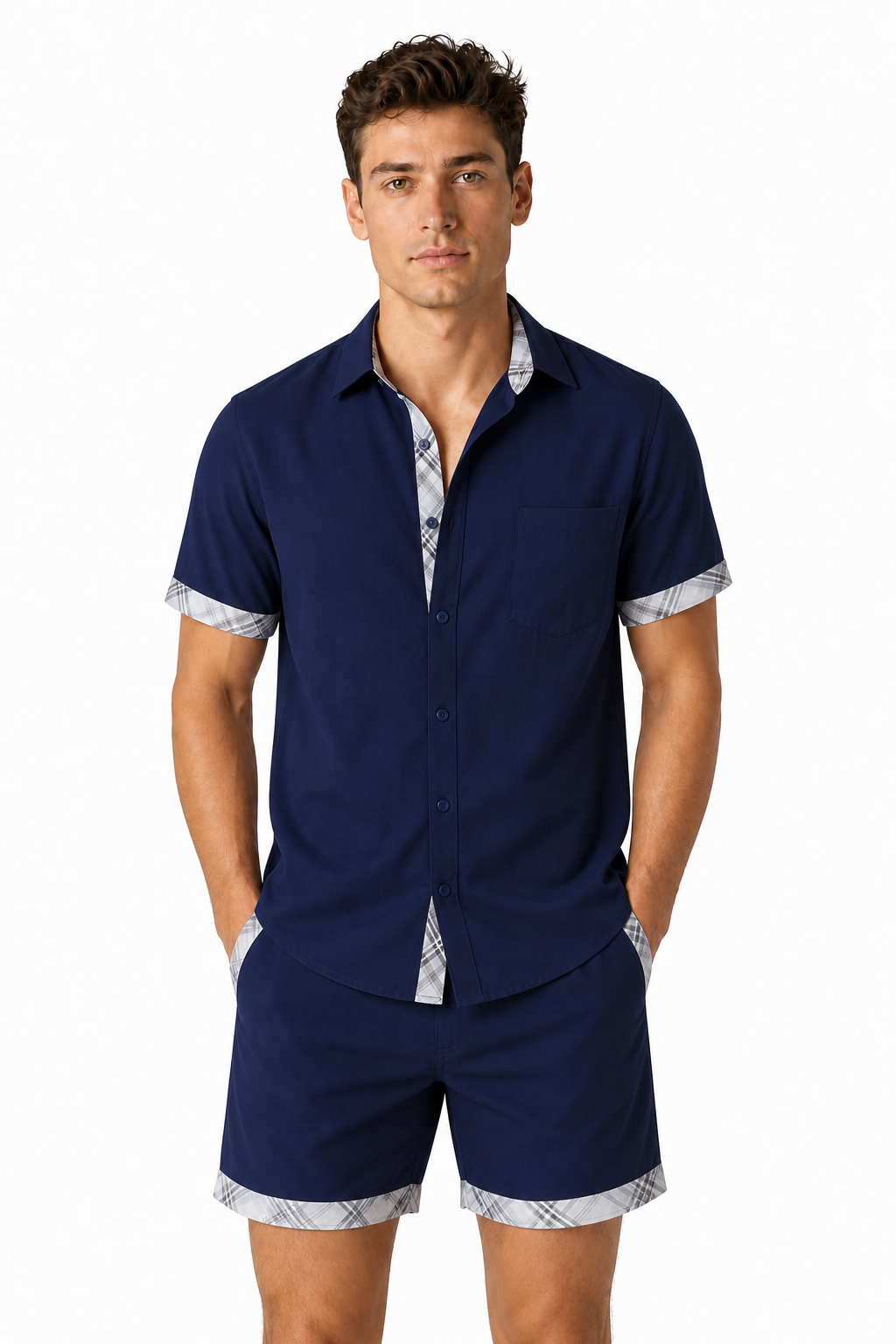 Men's Shirt Plaid Trim Short Sleeves, Navy Blue, front view