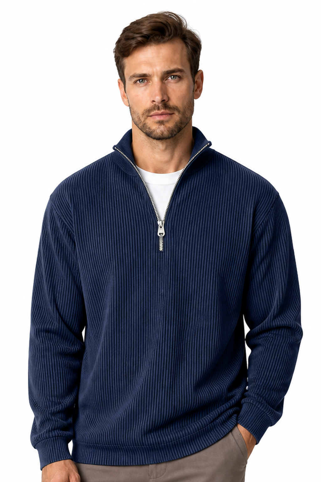 Men's Sweatshirt Corduroy Texture Quarter Zip, Navy Blue, front view