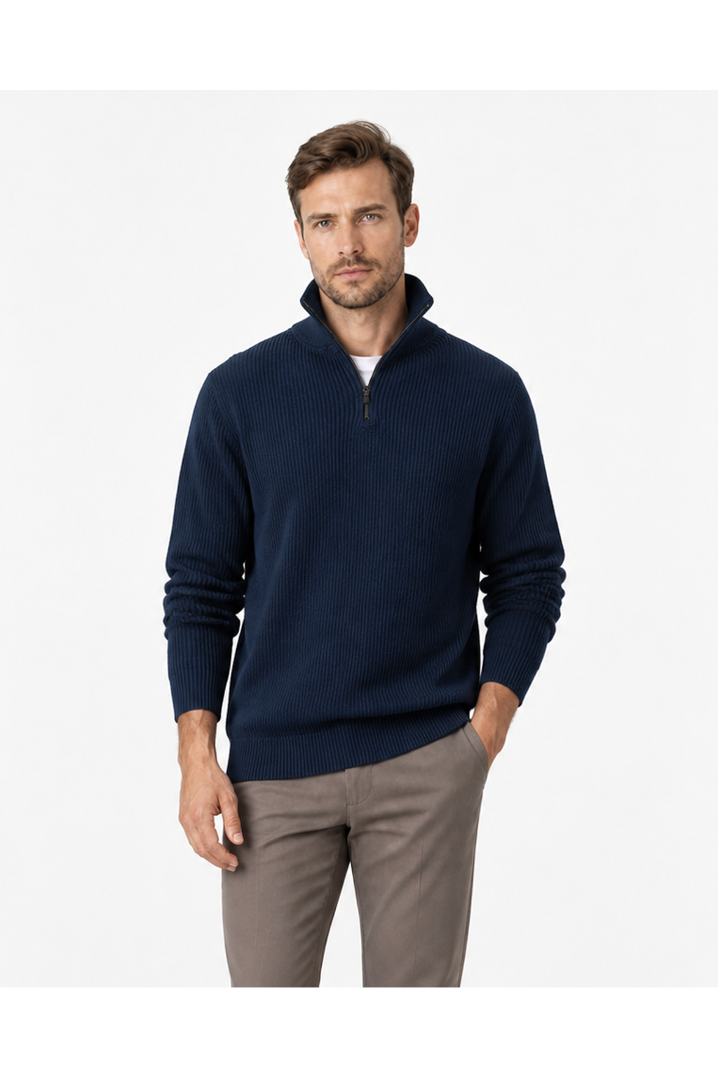 Aiden | Striped Half-Zip Polo Sweater - Navy Blue - front - group 6