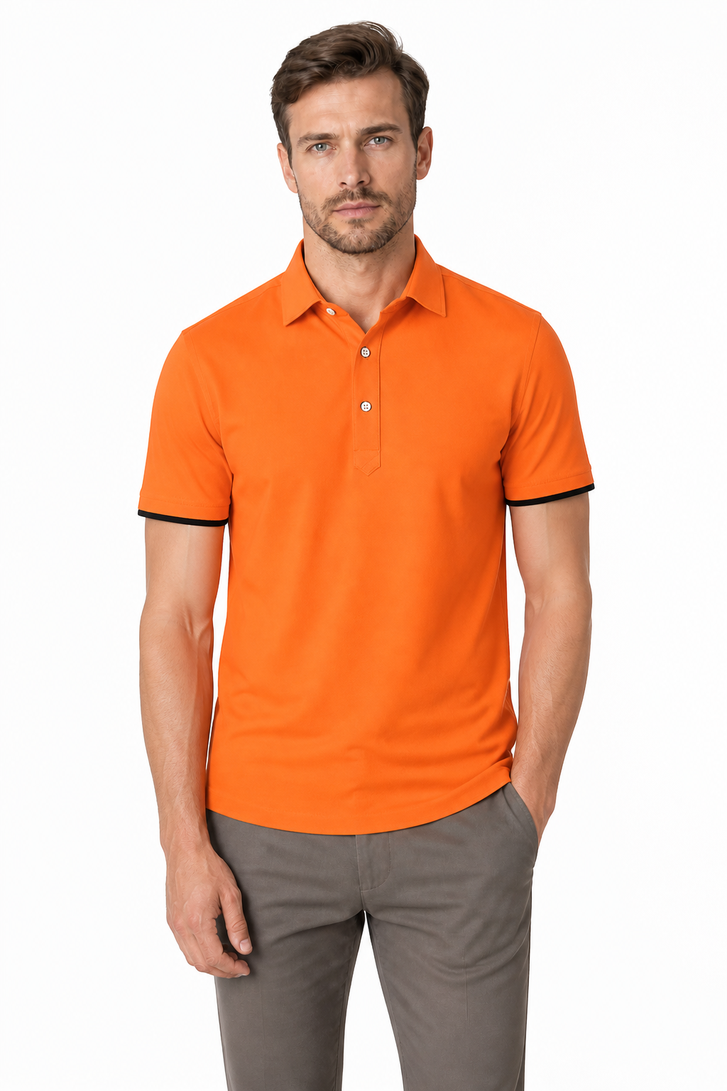 Men's Polo Shirt Contrast Trim Button Collar, Orange and black, front view