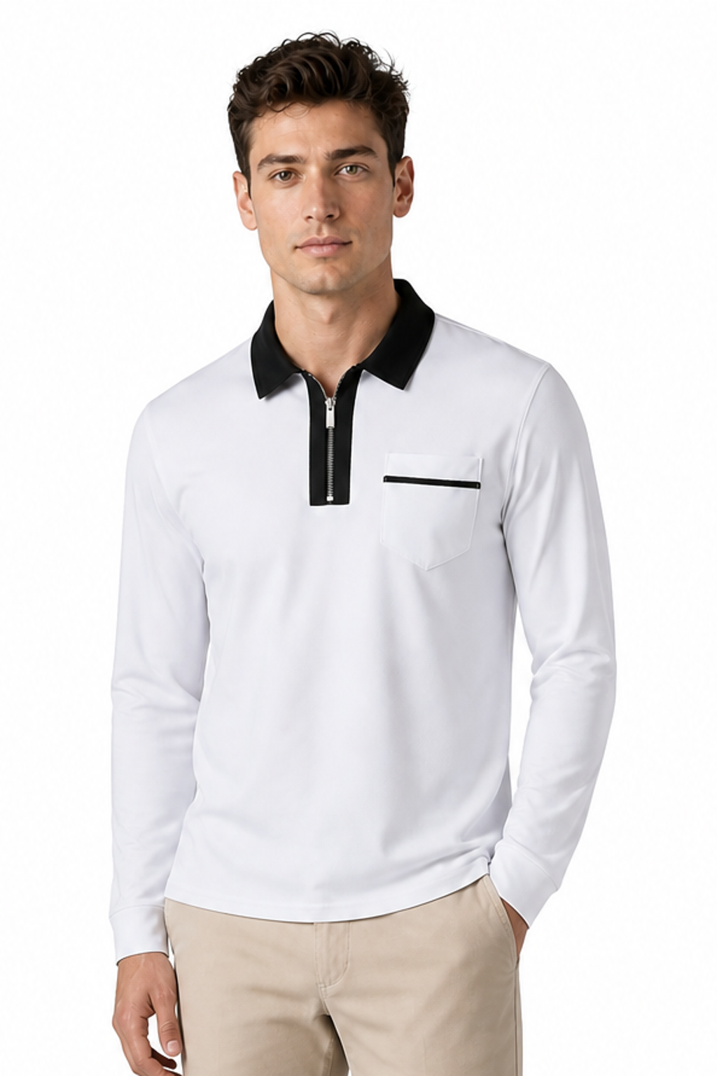 Men's Polo Shirt Contrast Collar Full Zip, White With Black, front view