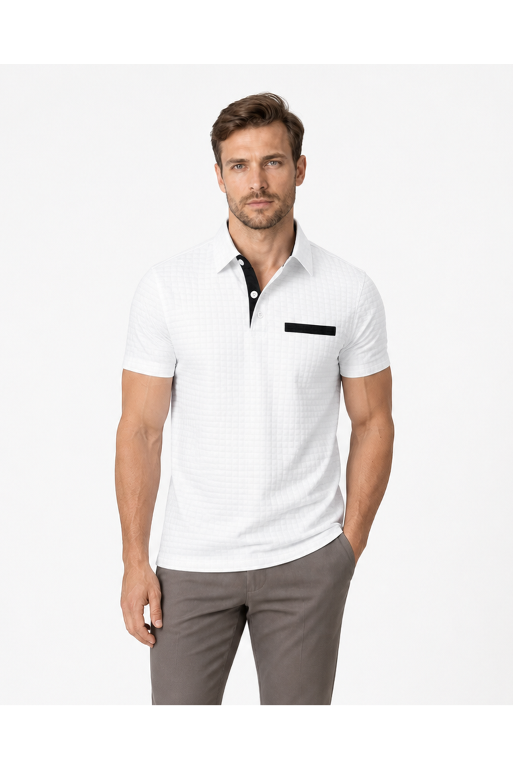 Julian | Jacquard Check Pocket Polo - White - front - group 6