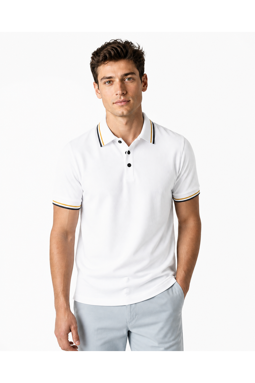 Isaac | Ribbed Stripe Polo Shirt - White - front - group 6