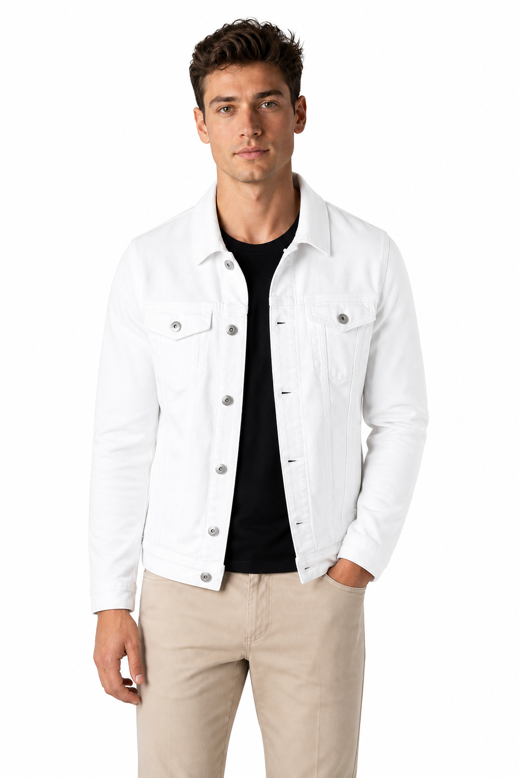 Men's Trucker Jacket Classic Denim Button Front, White, front view