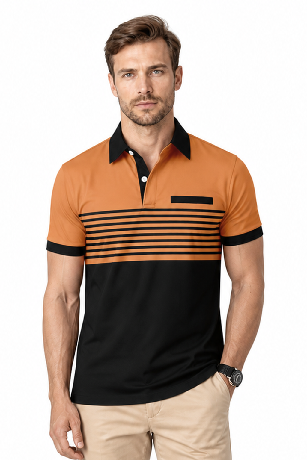 Men's Polo Shirt Striped Design Chest Pocket, Yellow, front view