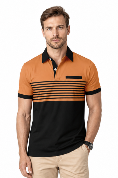 Men's Polo Shirt Striped Design Chest Pocket, Yellow, front view