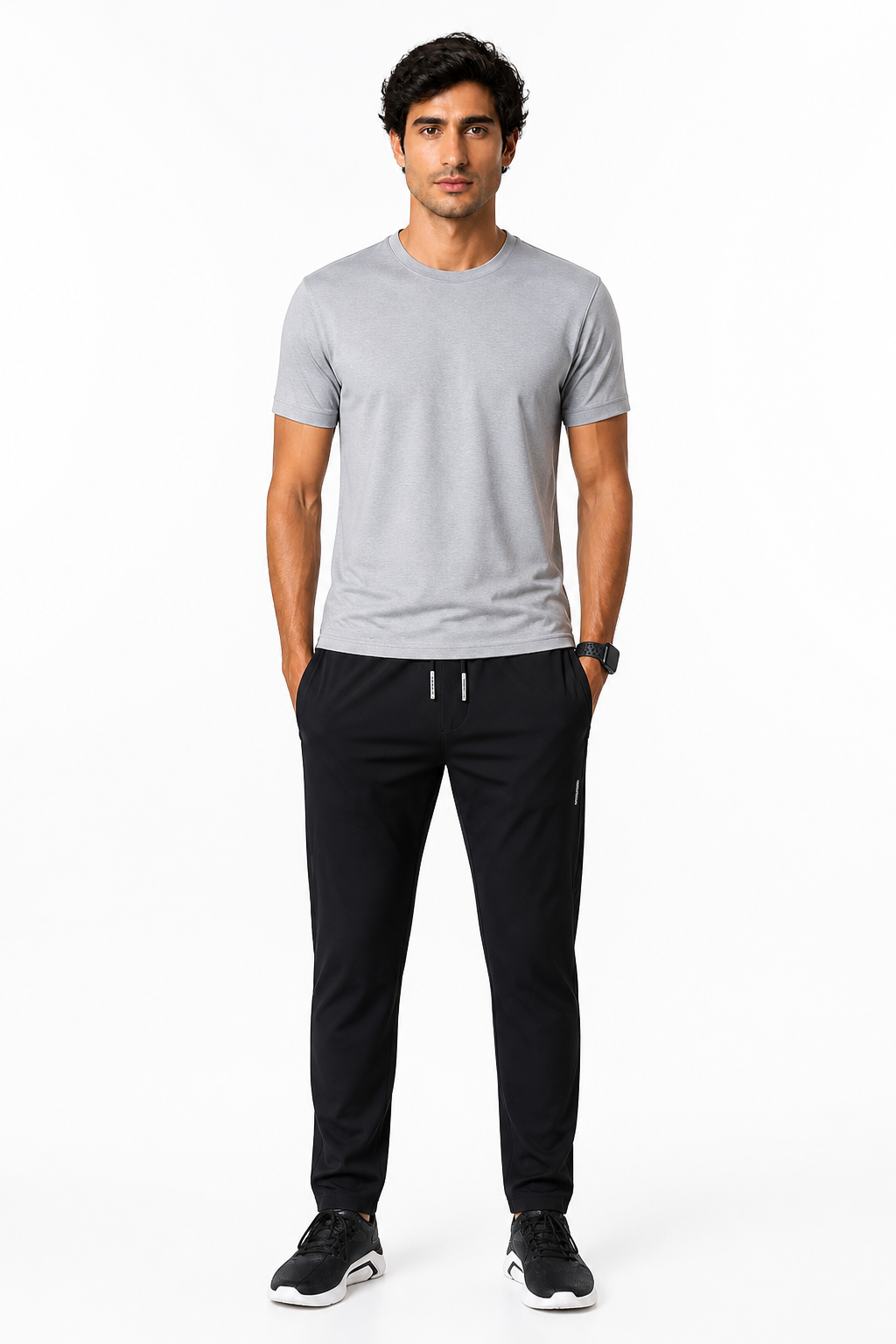 Men's Trousers Lightweight Fabric Drawstring Waist, Black 2pcs, front view
