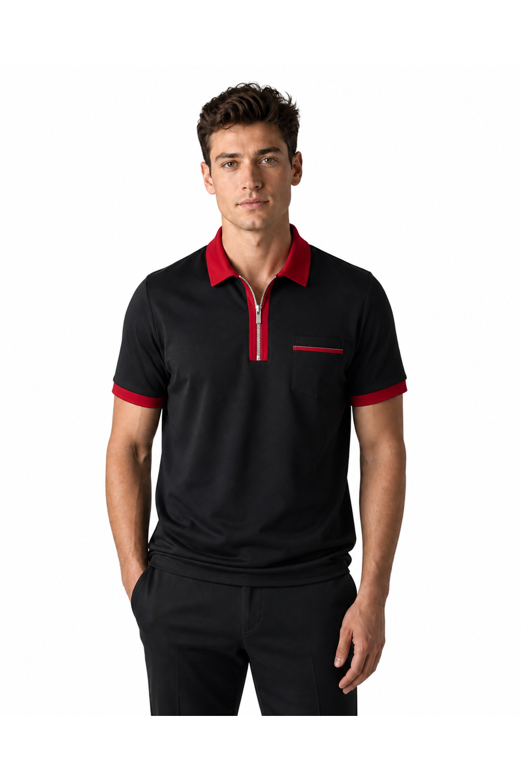 Graham | Contrast-Trim Pocket Polo - Black red - front - group 7