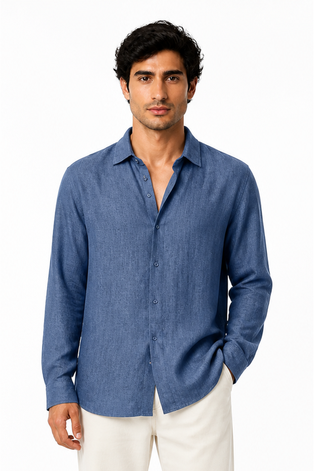 Men's Button-Up Shirt Relaxed Fit Long Sleeves, Blue, front view