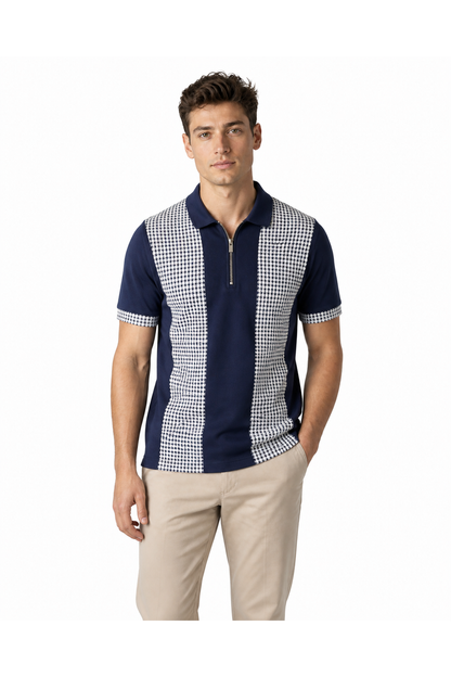 Victor | Check-Pattern Zip Polo - Blue - front - group 7