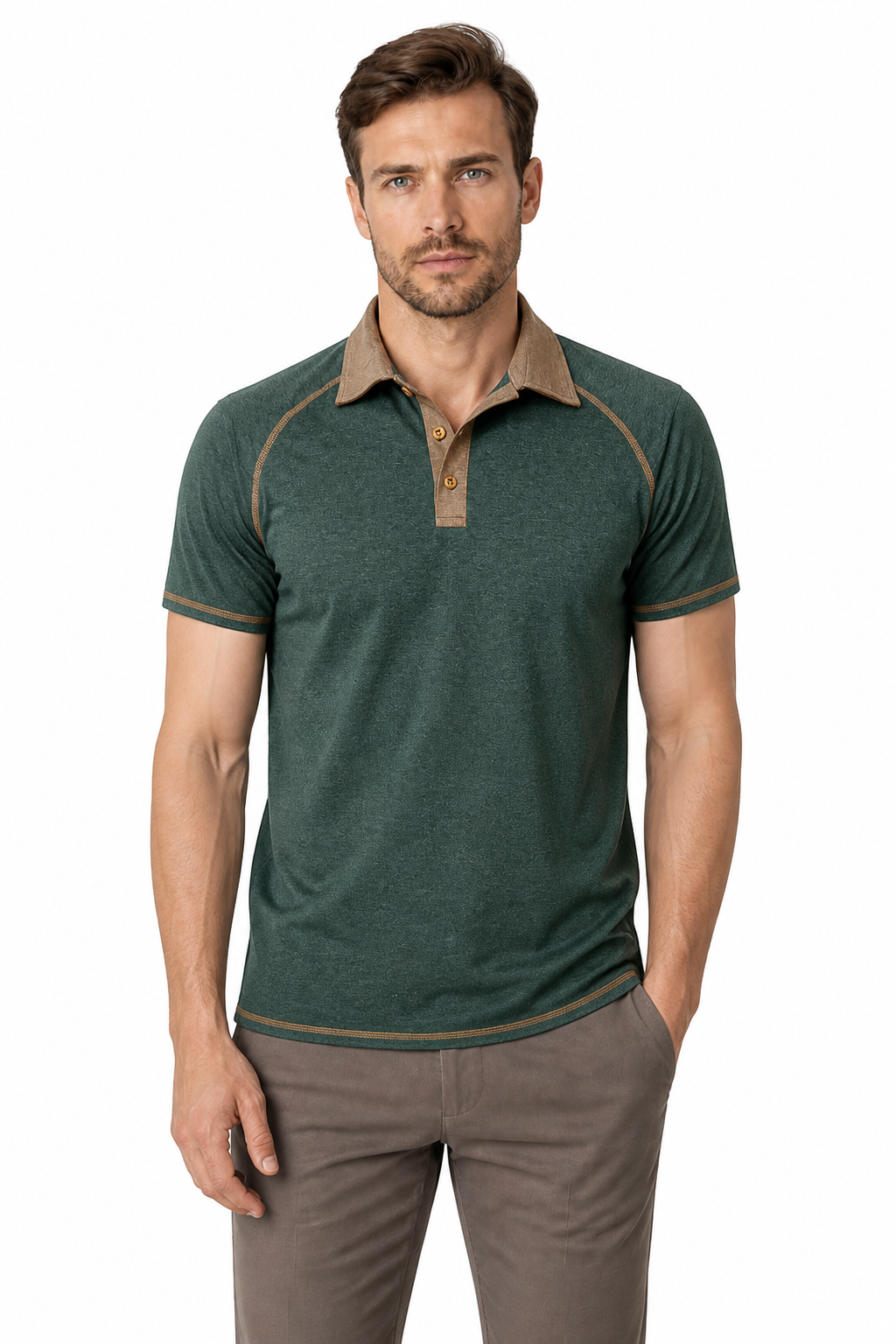 Men's Polo Shirt Contrast Stitching Short Sleeves, Green, front view