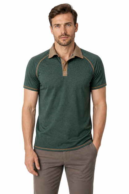 Men's Polo Shirt Contrast Stitching Short Sleeves, Green, front view