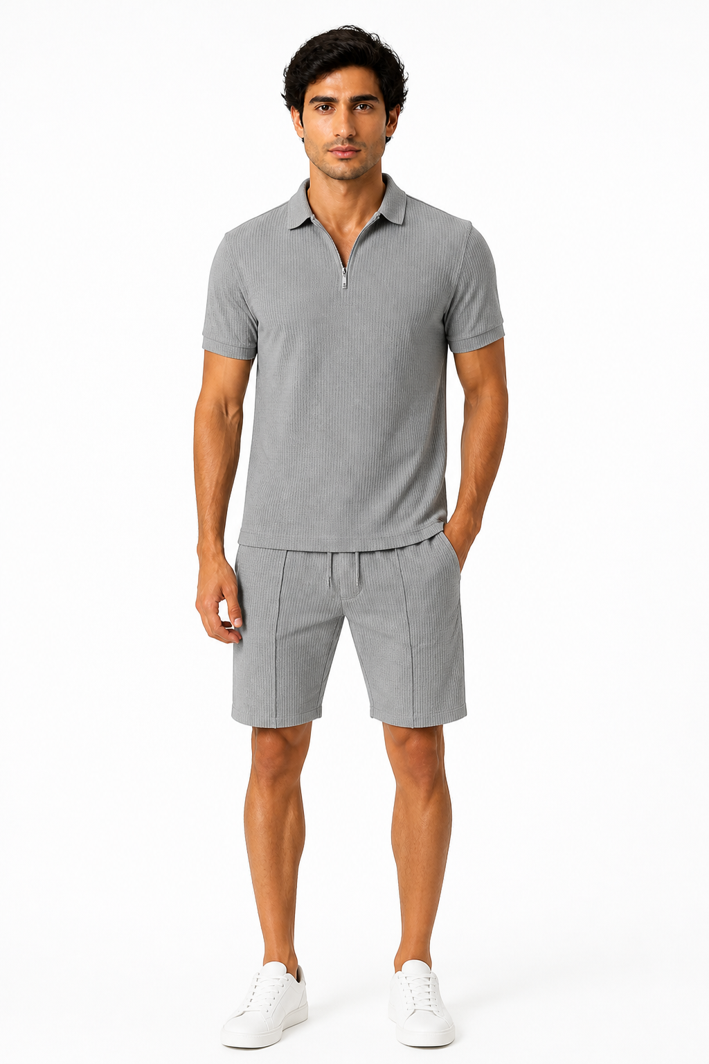 Men's Polo Shorts Set Waffle Knit Half Zip, Light Grey, front view