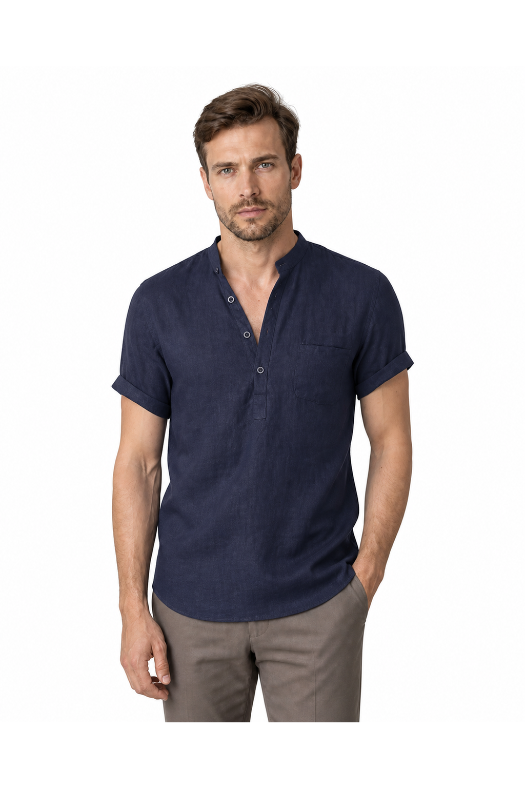 Adrian | Relaxed Linen V-Neck Shirt - Navy blue - front - group 7