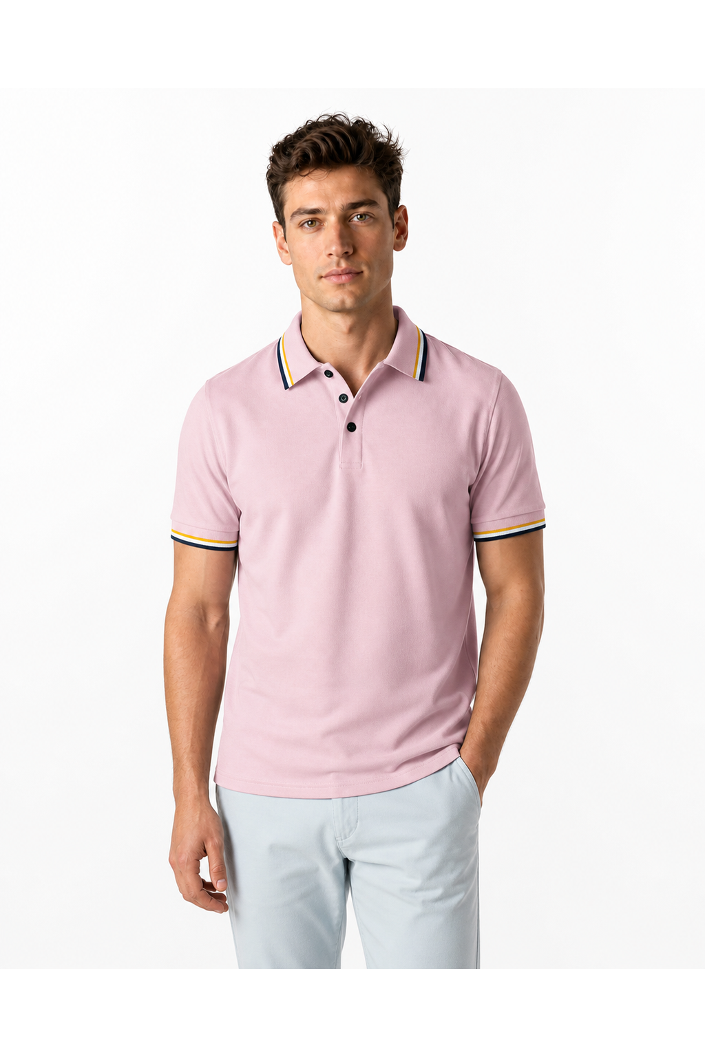 Isaac | Ribbed Stripe Polo Shirt - Pink - front - group 7
