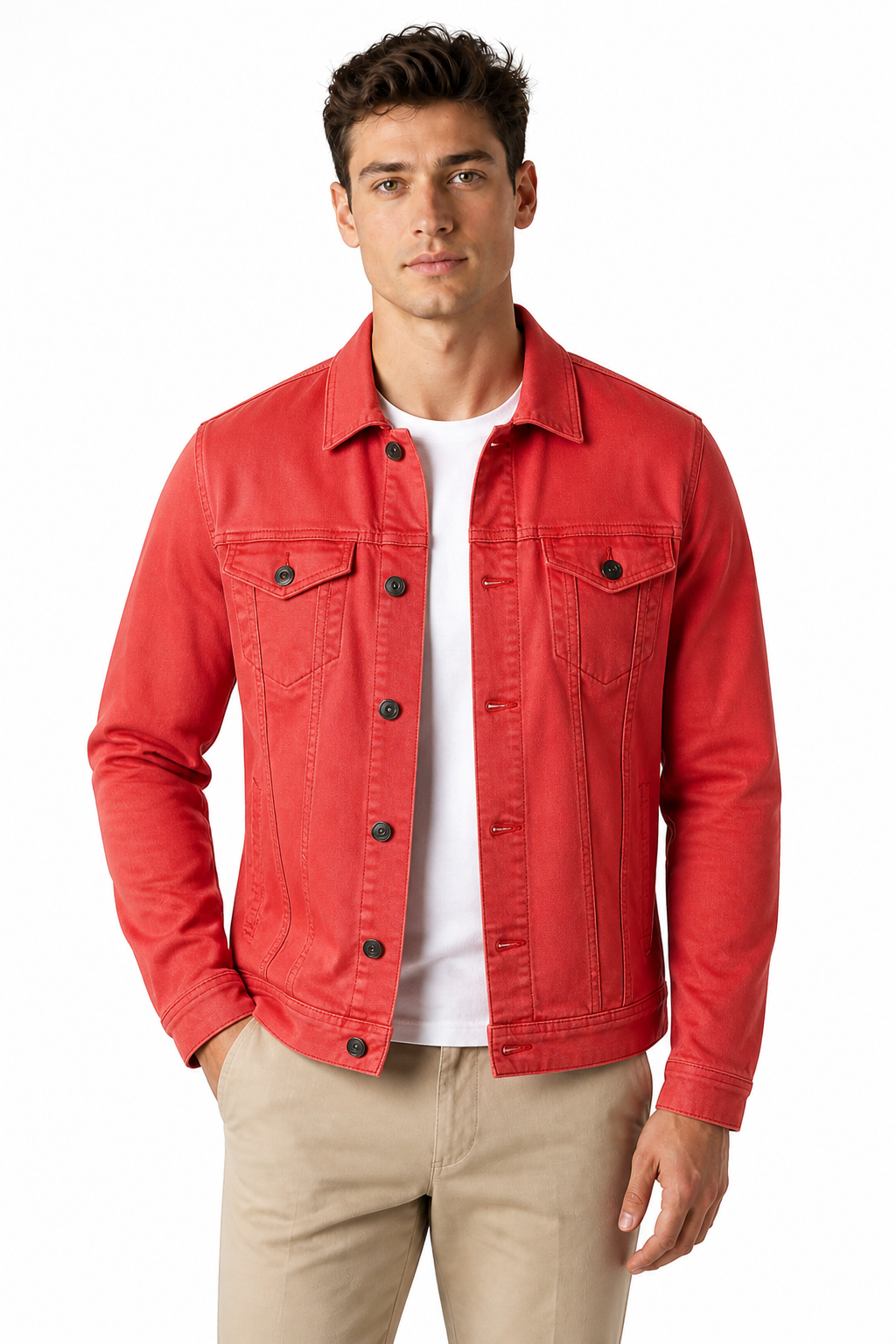 Men's Trucker Jacket Classic Denim Button Front, Rose Red, front view