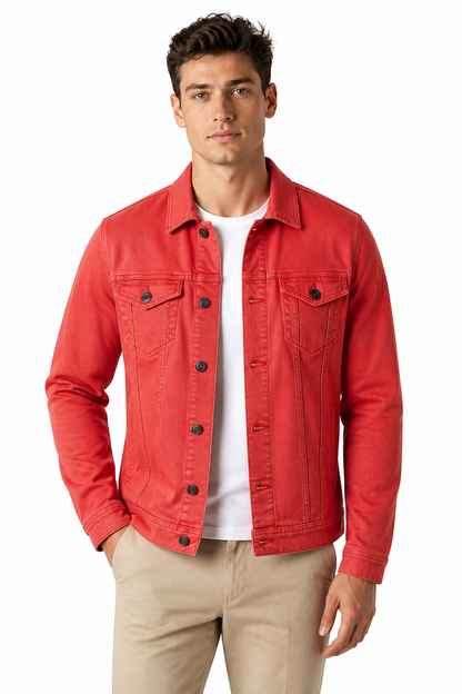 Men's Trucker Jacket Classic Denim Button Front, Rose Red, front view