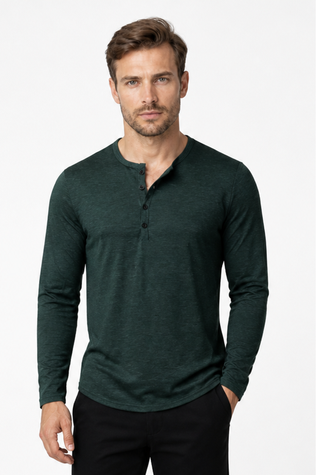 Men's Henley Shirt Long Sleeves Casual Fit, Slate green, front view