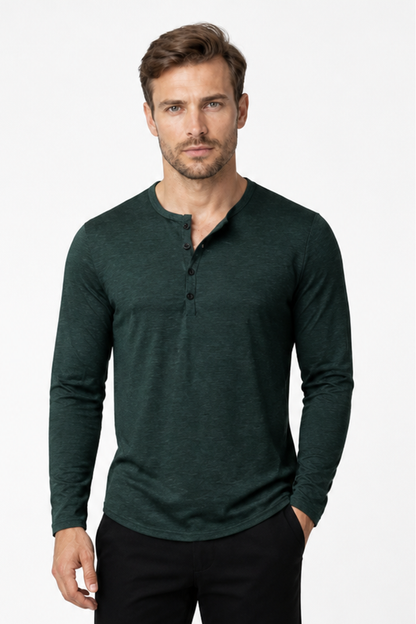 Men's Henley Shirt Long Sleeves Casual Fit, Slate green, front view