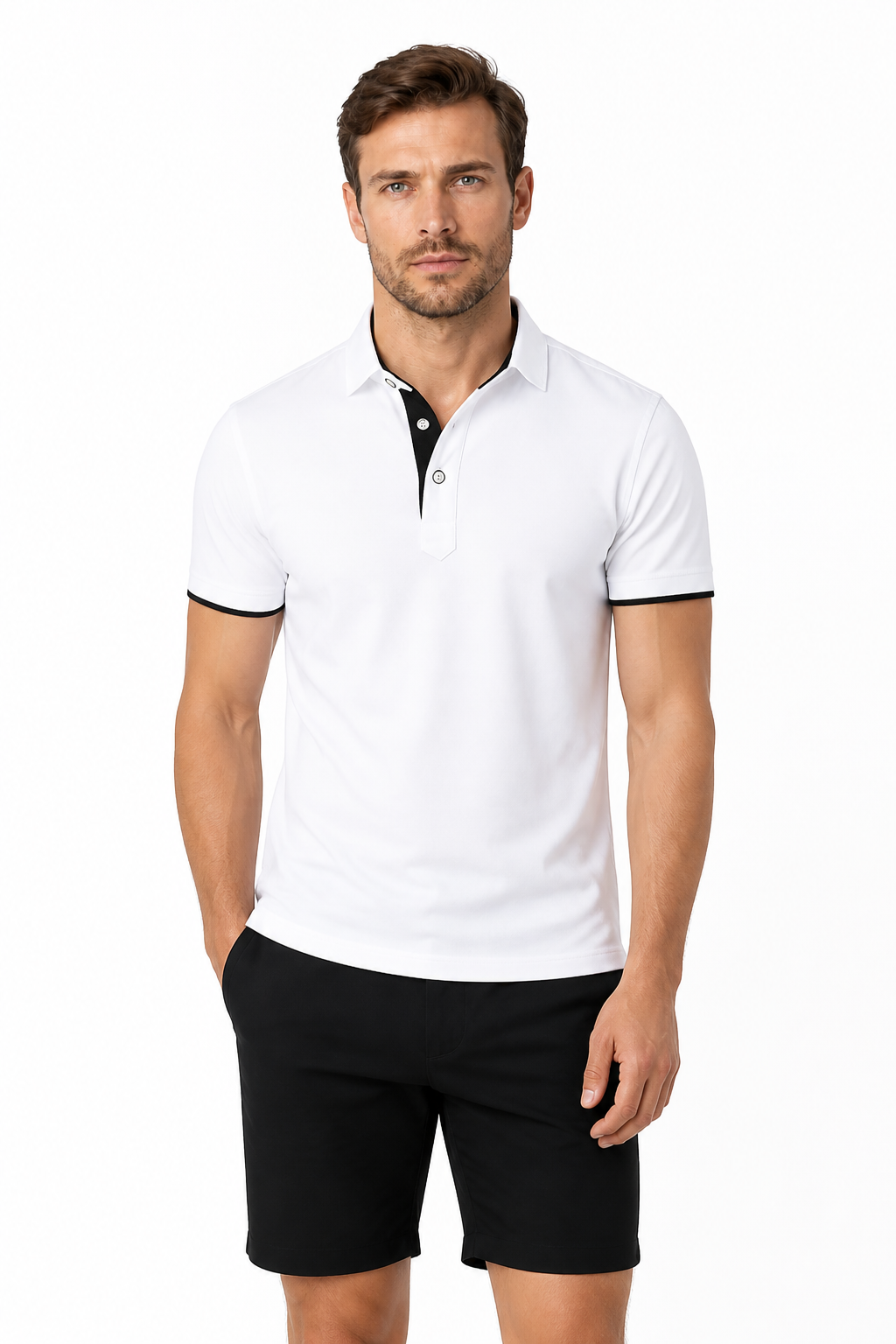 Men's Polo Shirt Contrast Trim Button Collar, White and black, front view