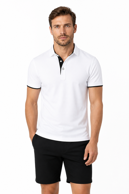 Men's Polo Shirt Contrast Trim Button Collar, White and black, front view