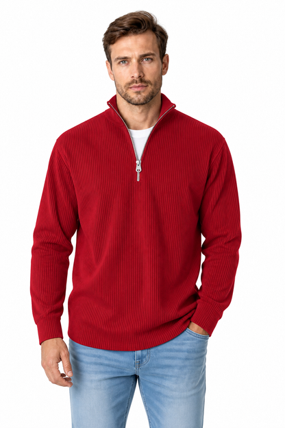 Men's Sweatshirt Corduroy Texture Quarter Zip, Wine Red, front view