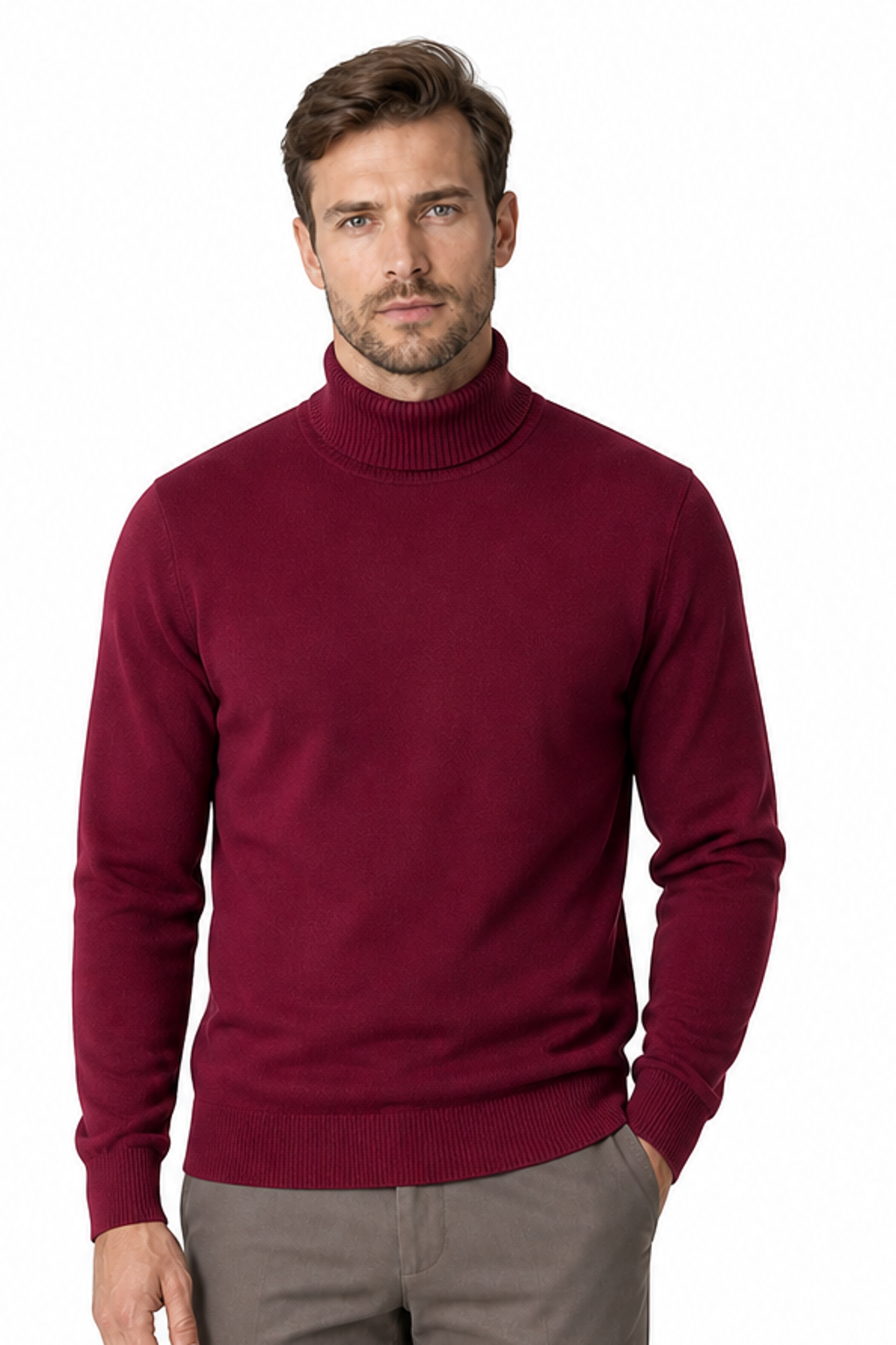 Men's Turtleneck Sweater Fleece Lining Warm Knit, Wine Red, front view