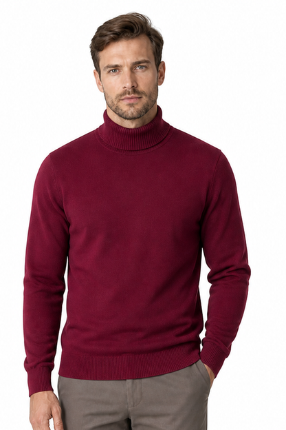 Men's Turtleneck Sweater Fleece Lining Warm Knit, Wine Red, front view
