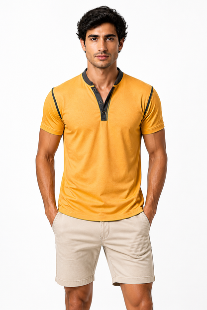 Men's Henley Shirt Contrast Trim Short Sleeves, Yellow, front view