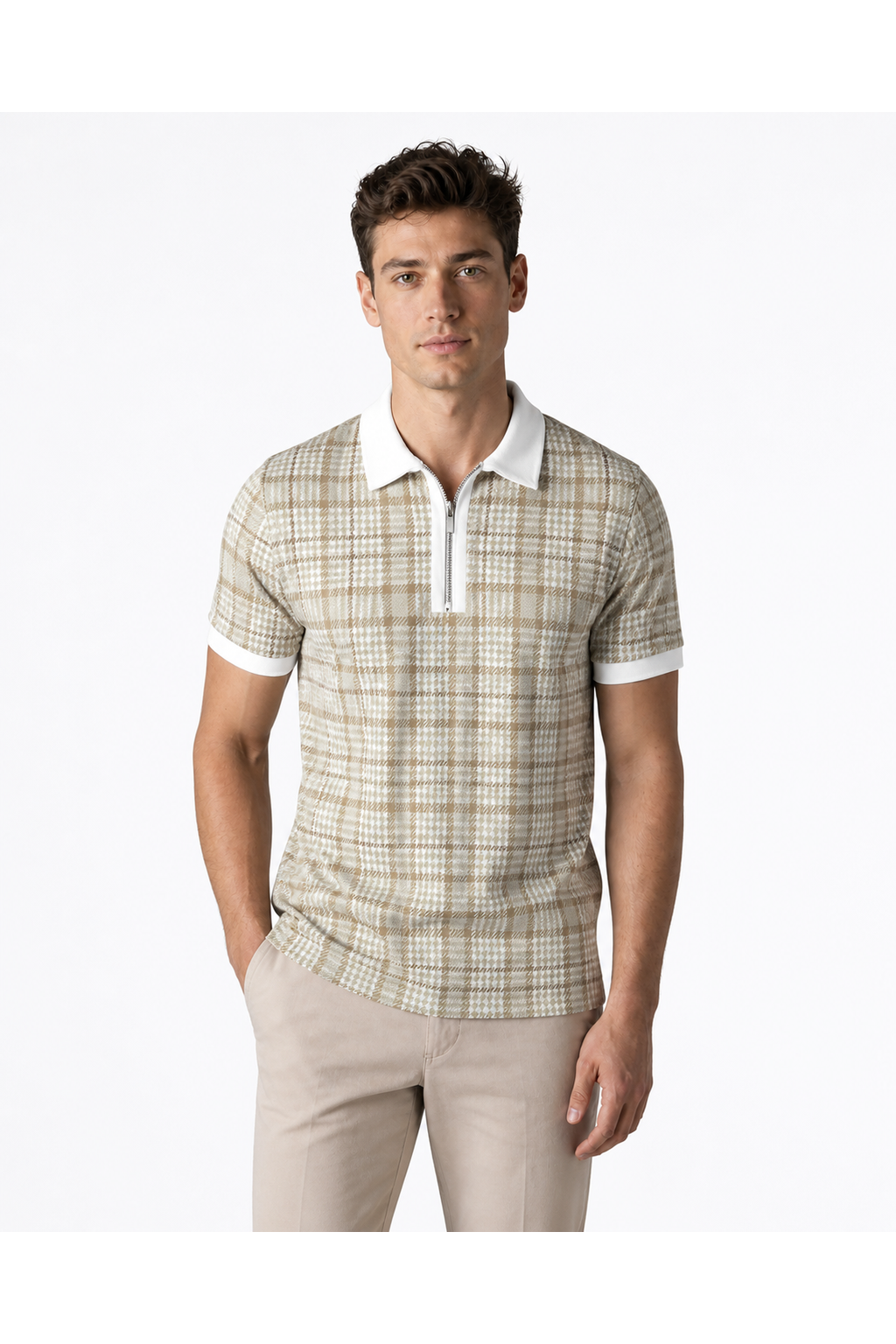 Victor | Check-Pattern Zip Polo - A Khaki - front - group 8