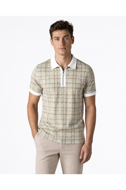 Victor | Check-Pattern Zip Polo - A Khaki - front - group 8
