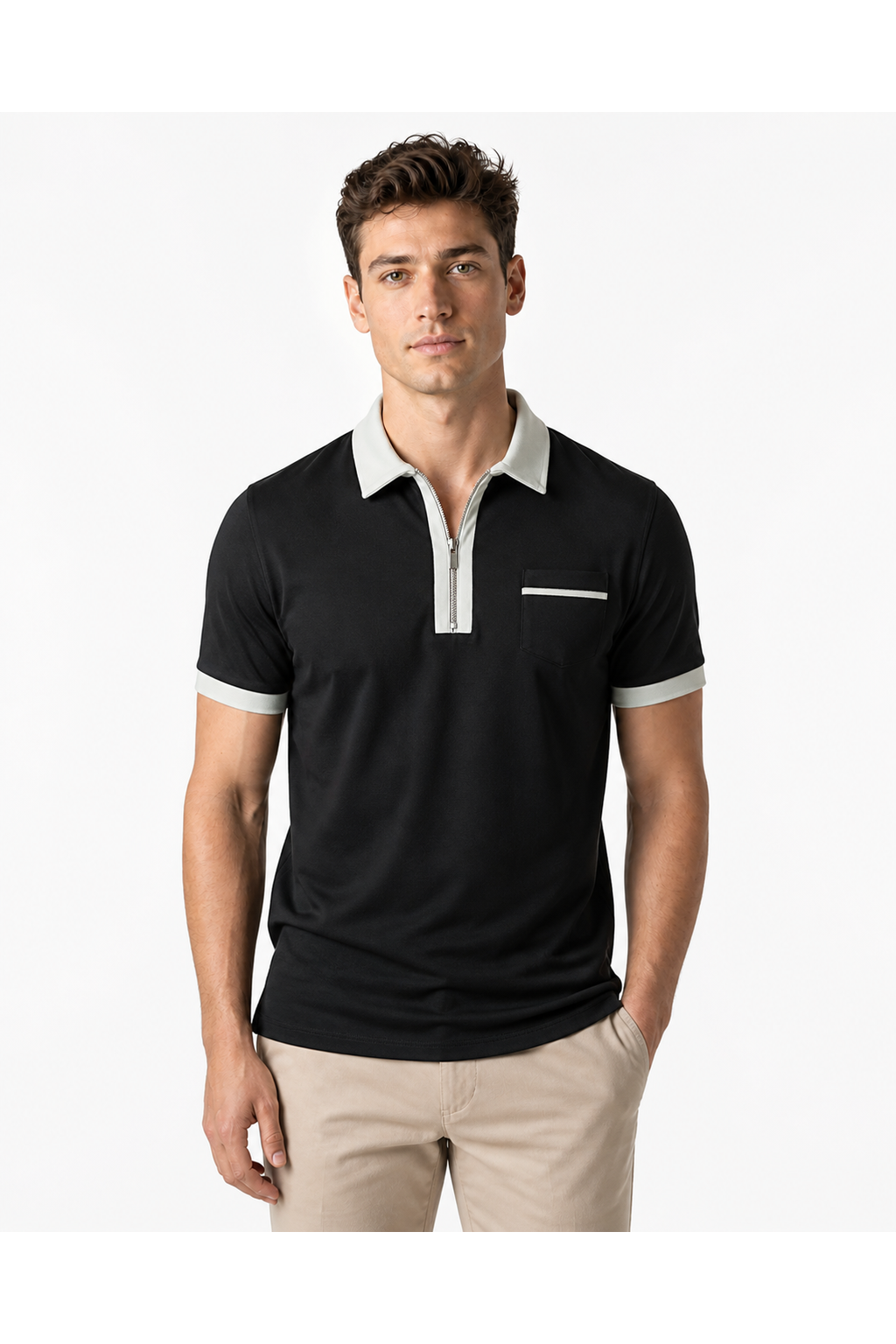 Graham | Contrast-Trim Pocket Polo - Black grey - front - group 8