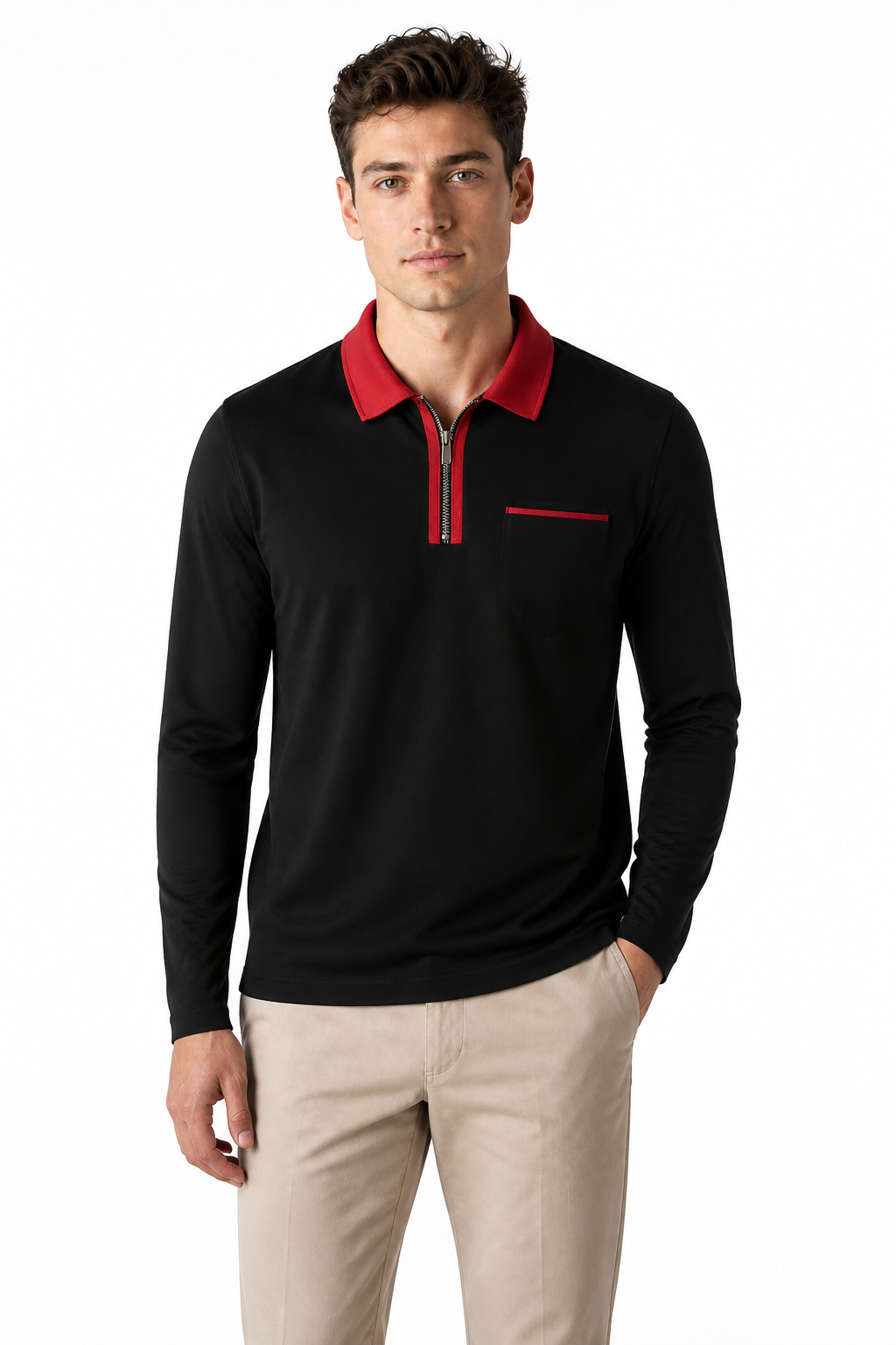 Men's Polo Shirt Contrast Collar Full Zip, Black With Red, front view