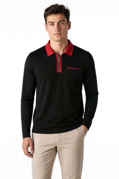 Men's Polo Shirt Contrast Collar Full Zip, Black With Red, front view