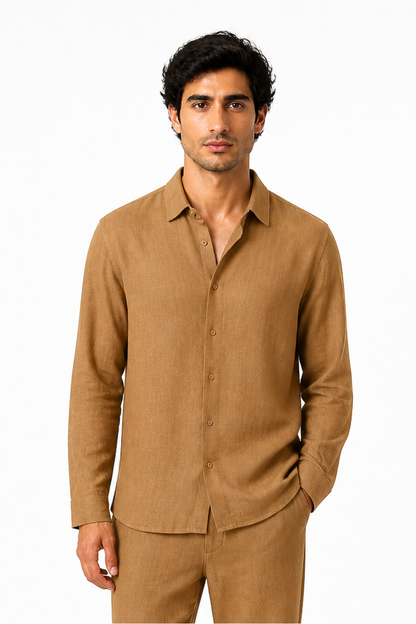 Men's Button-Up Shirt Relaxed Fit Long Sleeves, Ginger, front view
