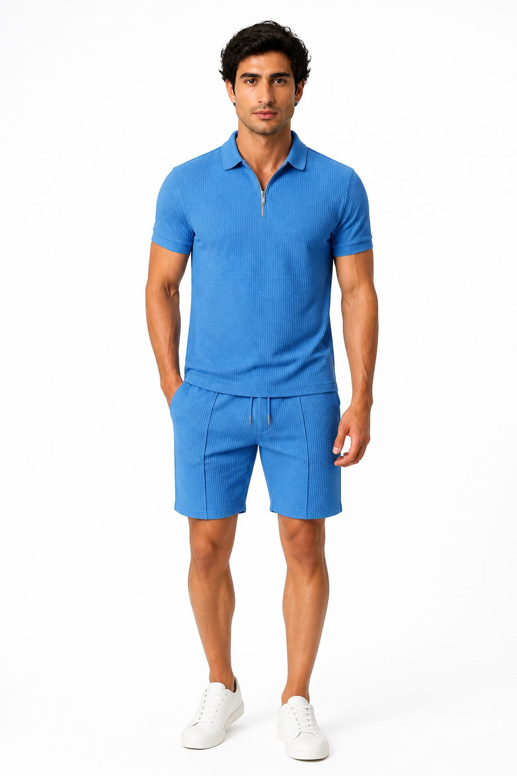 Men's Polo Shorts Set Waffle Knit Half Zip, Light Blue, front view