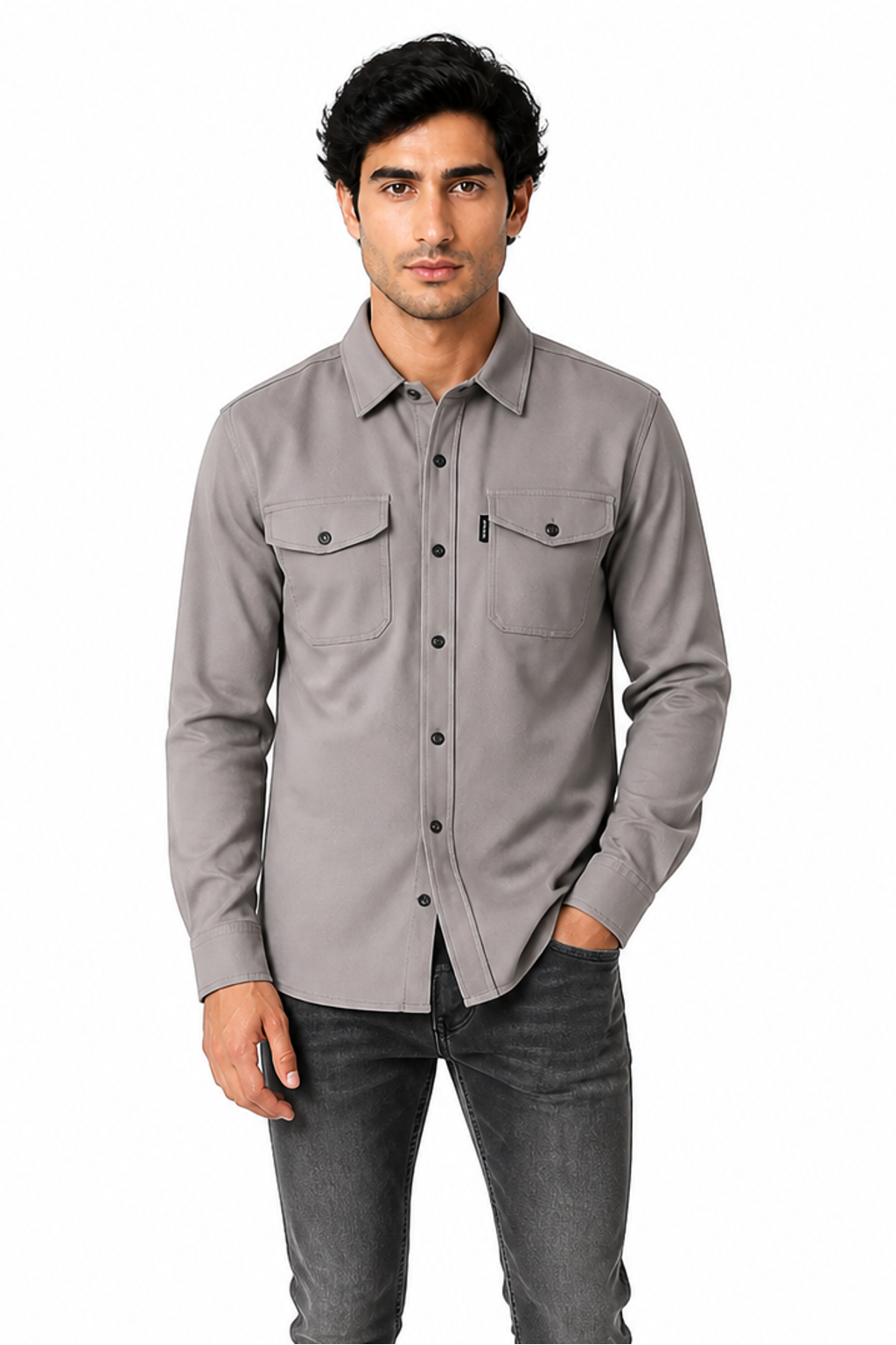 Men's Overshirt Brushed Fabric Double Pockets, Light Gray, front view