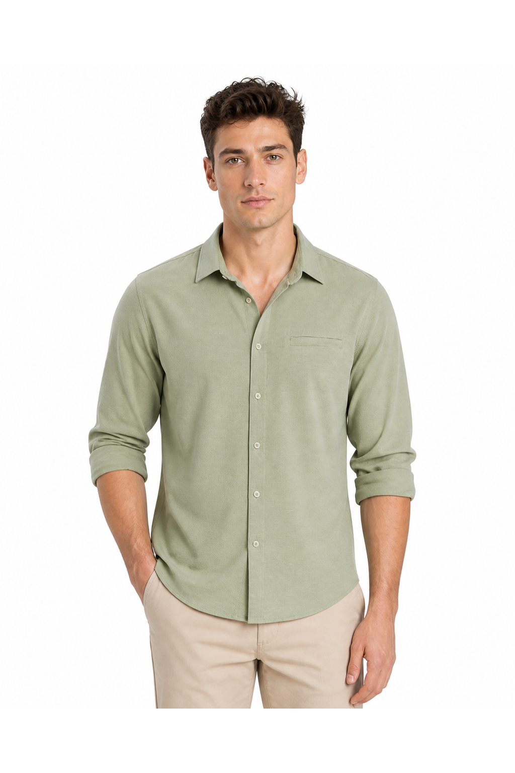 Leonard | Relaxed Pocket Button-Up Shirt - Matcha color - front - group 8