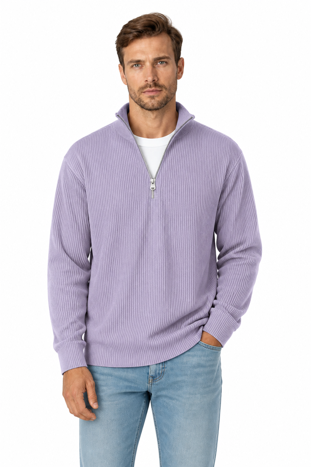 Men's Sweatshirt Corduroy Texture Quarter Zip, Purple, front view
