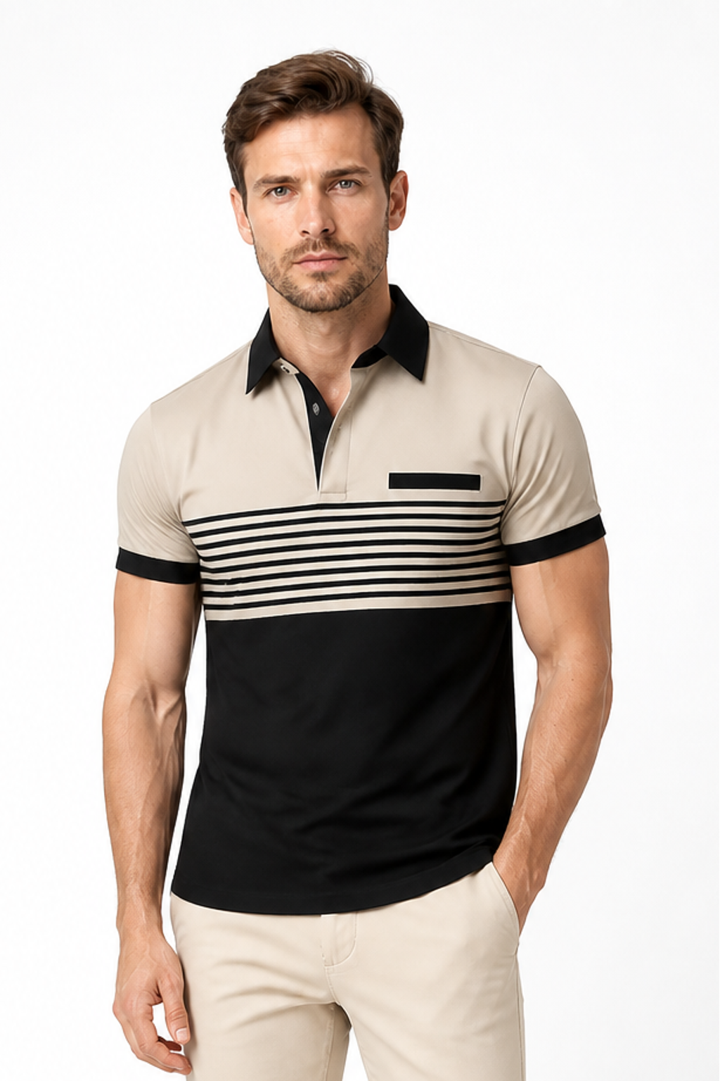 Men's Polo Shirt Striped Design Chest Pocket, YPM724, front view