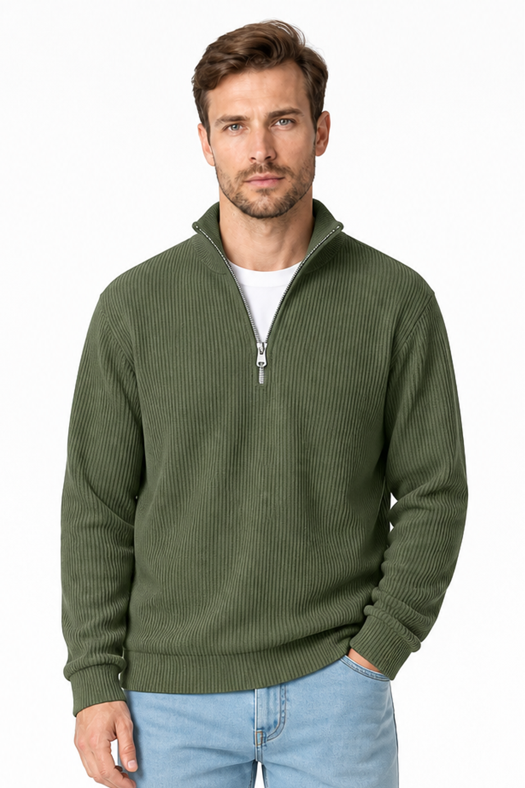 Men's Sweatshirt Corduroy Texture Quarter Zip, Army Green, front view