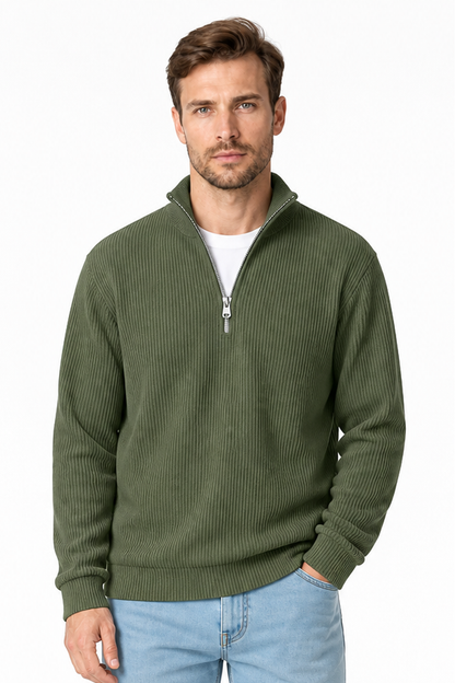 Men's Sweatshirt Corduroy Texture Quarter Zip, Army Green, front view