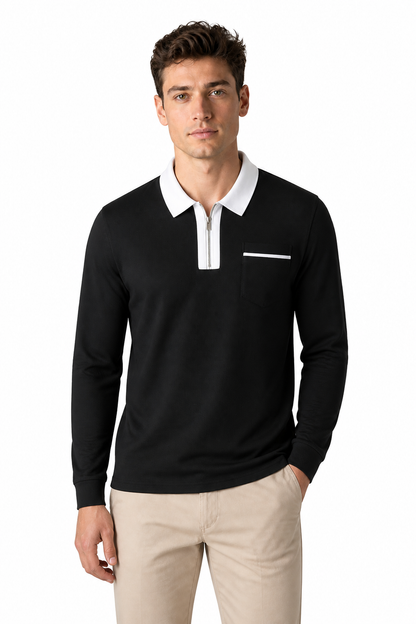 Men's Polo Shirt Contrast Collar Full Zip, Black With White, front view