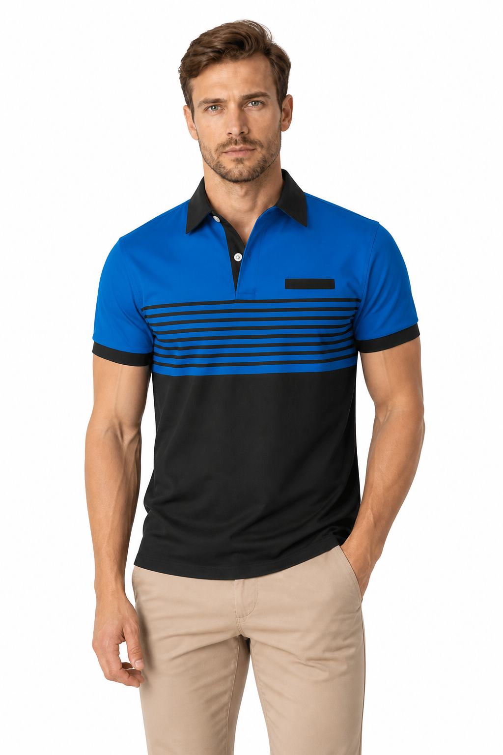 Men's Polo Shirt Striped Design Chest Pocket, Blue, front view